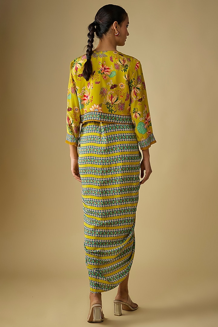 Yellow Crepe Printed Draped Jacket Vacation Dress by Soup by Sougat Paul at Pernia's Pop Up Shop