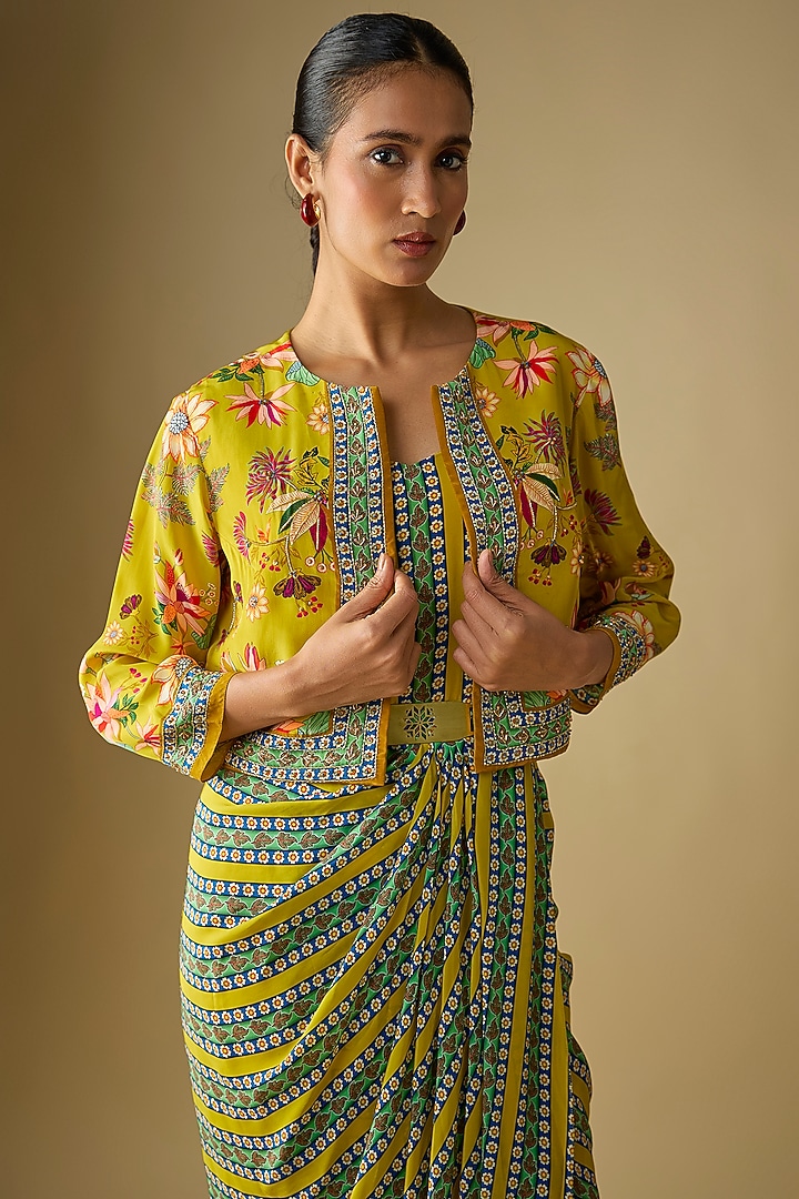 Yellow Crepe Printed Draped Jacket Vacation Dress by Soup by Sougat Paul at Pernia's Pop Up Shop
