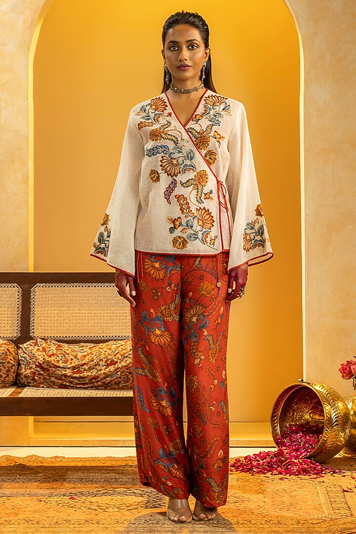 Red Silk Printed Pant Set by Soup by Sougat Paul at Pernia's Pop Up Shop