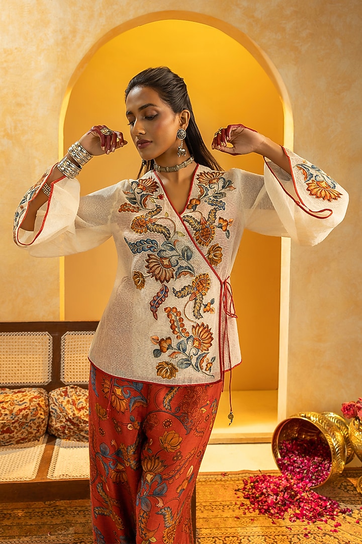 Red Silk Printed Pant Set by Soup by Sougat Paul at Pernia's Pop Up Shop