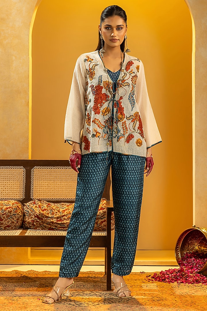 Blue Silk Printed Pant Set by Soup by Sougat Paul at Pernia's Pop Up Shop