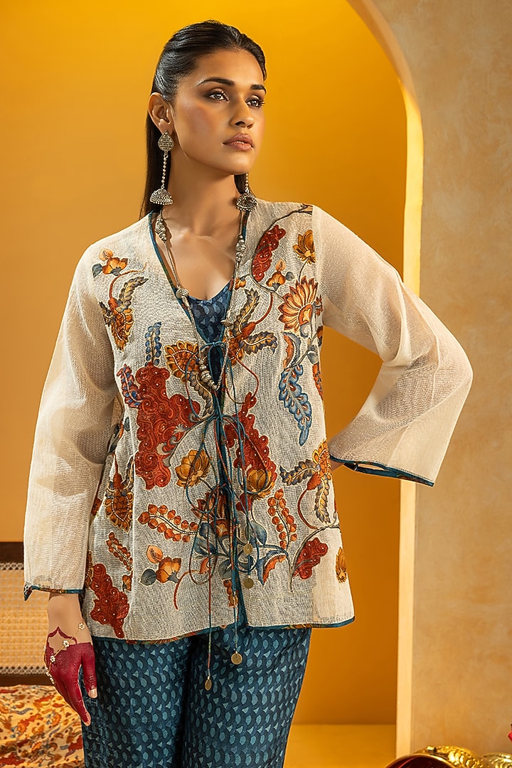 Blue Silk Printed Pant Set by Soup by Sougat Paul at Pernia's Pop Up Shop