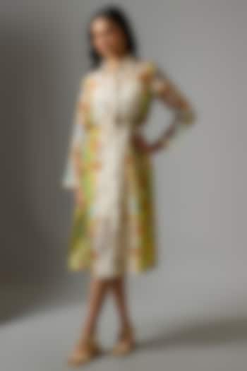 Beige & Yellow Chanderi Digital Printed Summer Shirt Dress by Soup by Sougat Paul at Pernia's Pop Up Shop