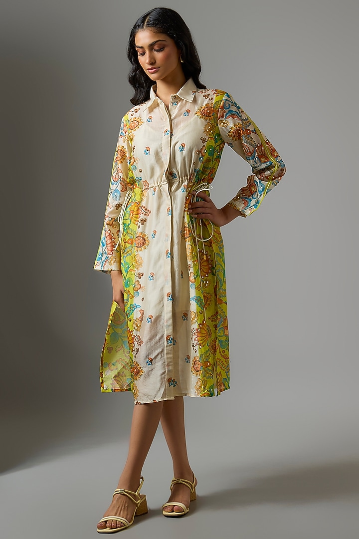 Beige & Yellow Chanderi Digital Printed Summer Shirt Dress by Soup by Sougat Paul at Pernia's Pop Up Shop