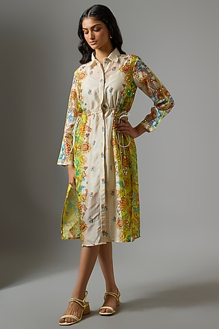 Beige & Yellow Chanderi Digital Printed Shirt Dress by Soup by Sougat Paul