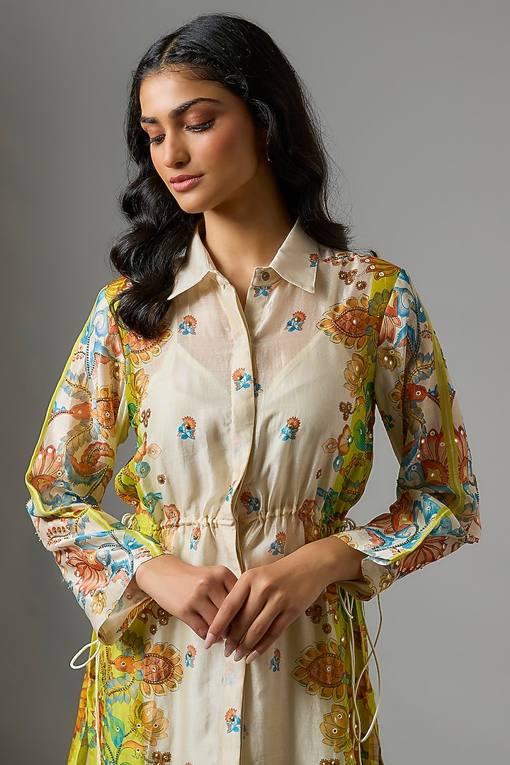 Beige & Yellow Chanderi Digital Printed Summer Shirt Dress by Soup by Sougat Paul at Pernia's Pop Up Shop