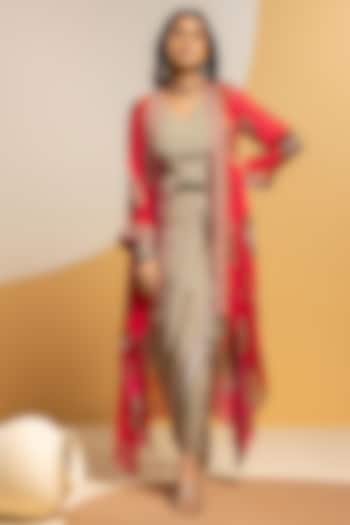 Multi-Colored Crepe Printed Jacket Draped Vacation Dress by Soup by Sougat Paul at Pernia's Pop Up Shop