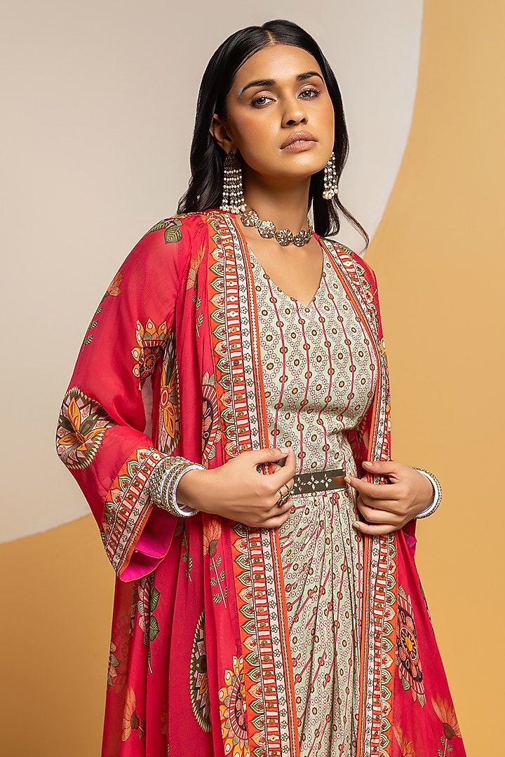 Multi-Colored Crepe Printed Jacket Draped Vacation Dress by Soup by Sougat Paul at Pernia's Pop Up Shop