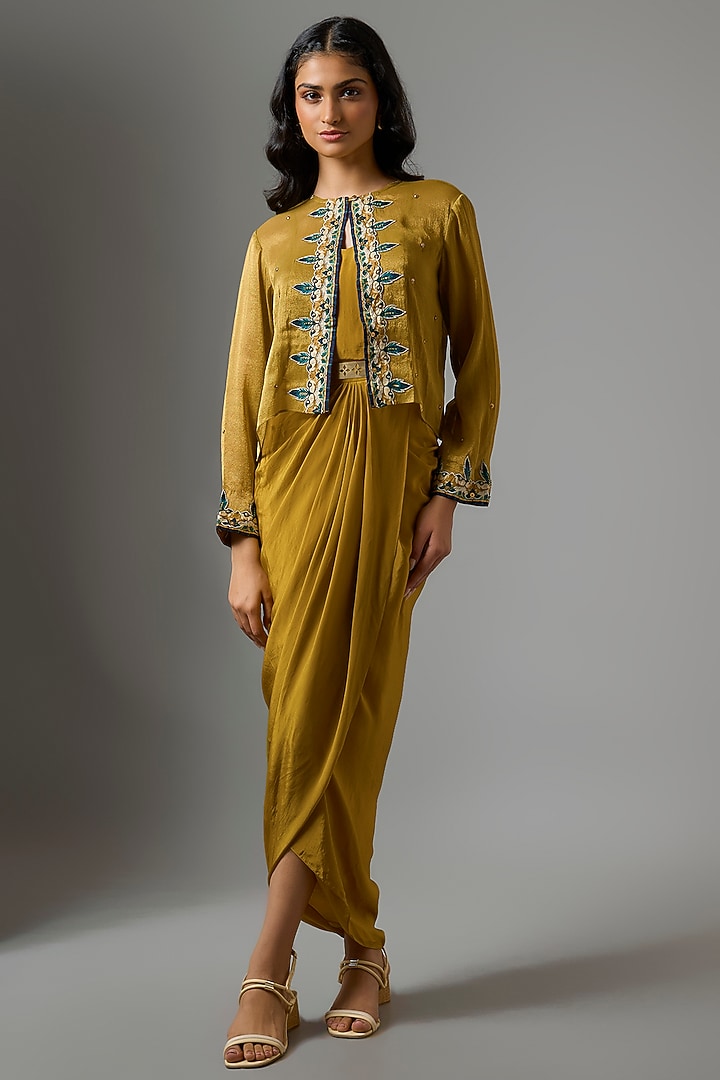 Yellow Silk & Crepe Draped Jacket Vacation Dress by Soup by Sougat Paul at Pernia's Pop Up Shop