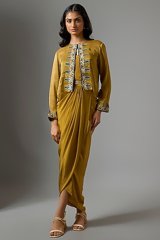 Yellow Silk & Crepe Draped Jacket Dress by Soup by Sougat Paul