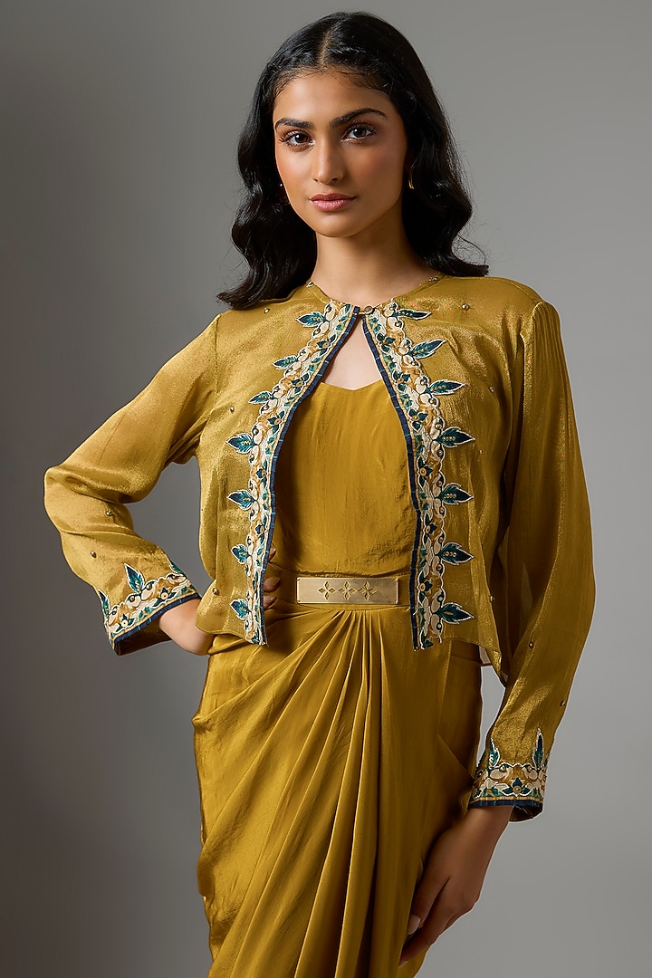 Yellow Silk & Crepe Draped Jacket Vacation Dress by Soup by Sougat Paul at Pernia's Pop Up Shop