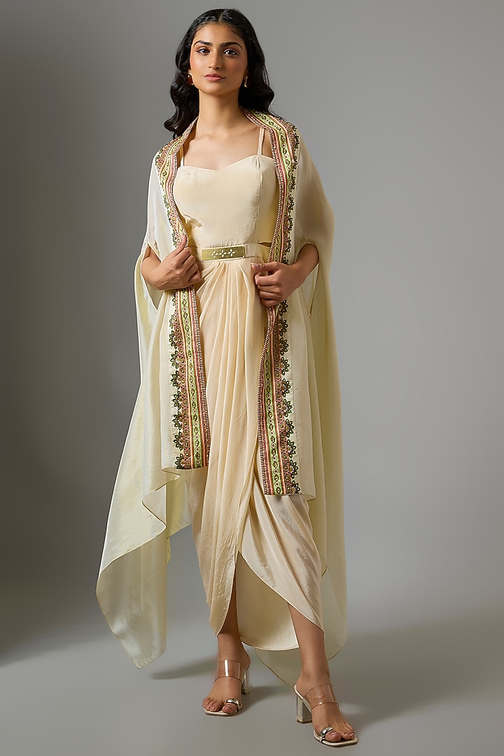 Off-White Organza Embellished Draped Jacket Vacation Dress by Soup by Sougat Paul at Pernia's Pop Up Shop