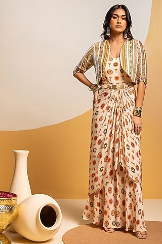 Off-White Crepe Printed Jacket Dress by Soup by Sougat Paul