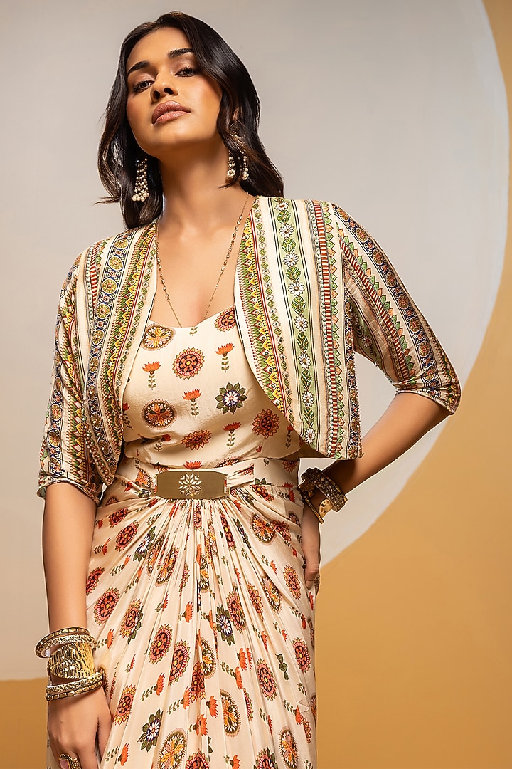 Off-White Crepe Printed Jacket Vacation Dress by Soup by Sougat Paul at Pernia's Pop Up Shop