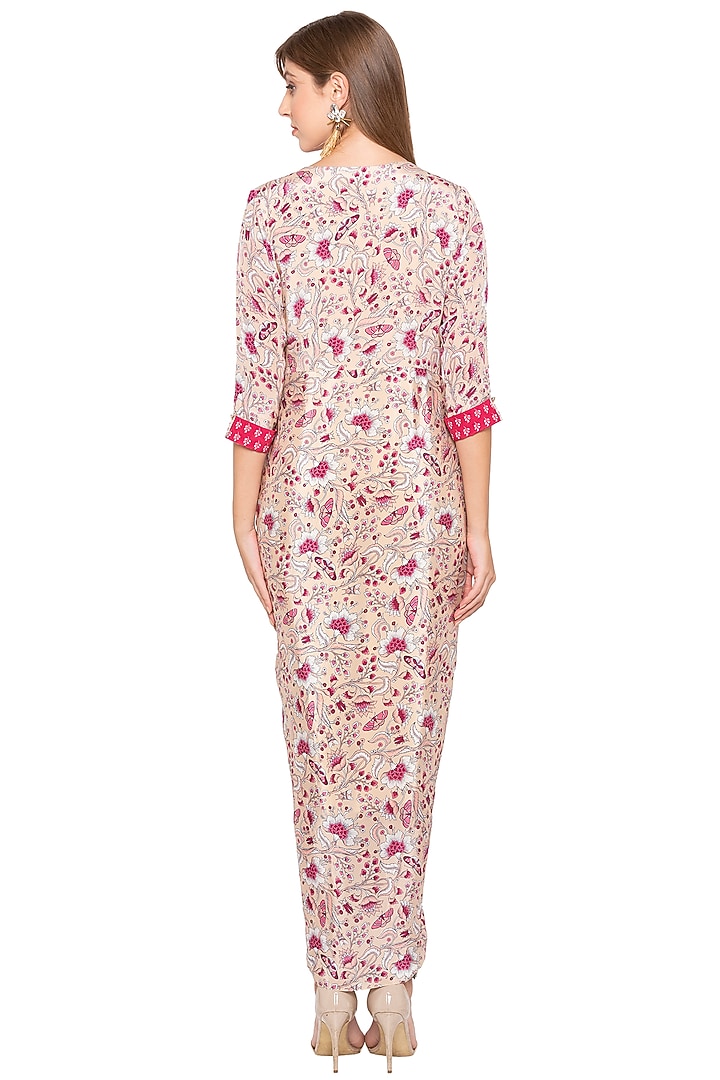 Pink Printed Draped Vacation Dress With Jacket by Soup by Sougat Paul at Pernia's Pop Up Shop