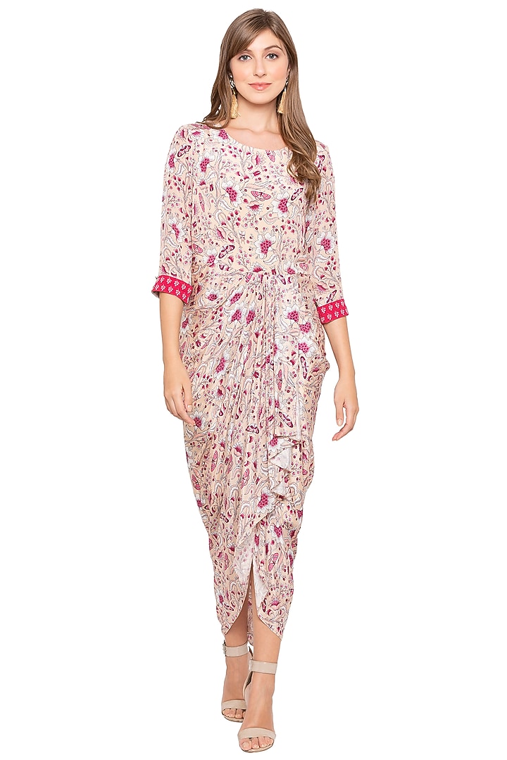 Pink Printed Draped Vacation Dress With Jacket by Soup by Sougat Paul at Pernia's Pop Up Shop