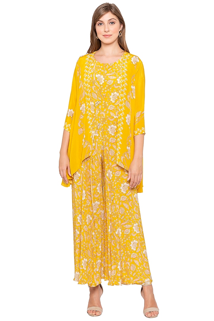 Yellow Printed Jumpsuit With Embellished Jacket by Soup by Sougat Paul