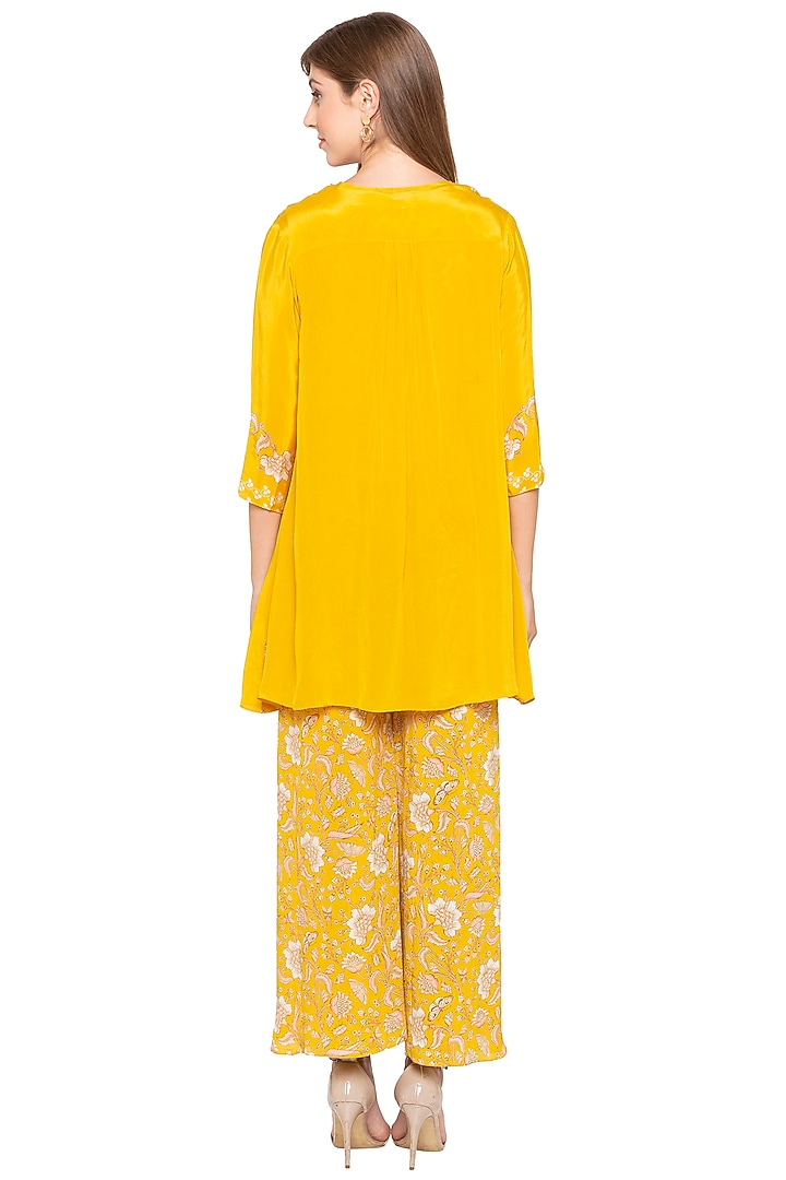 Yellow Printed Jumpsuit With Embellished Jacket by Soup by Sougat Paul at Pernia's Pop Up Shop