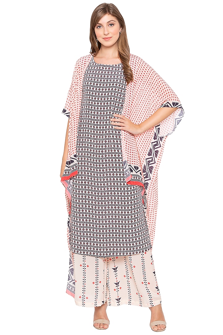 Pink & Blue Printed Kurta With Palazzo Pants & Cape by Soup by Sougat Paul