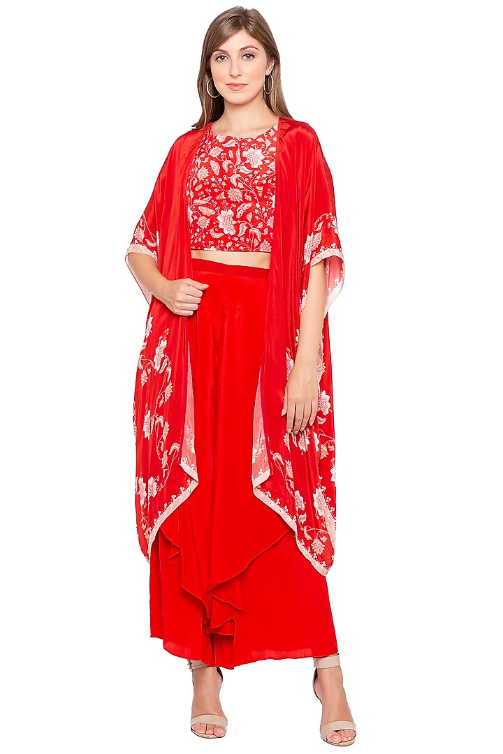 Red Printed Crop Top With Pants & Embroidered Cape by Soup by Sougat Paul