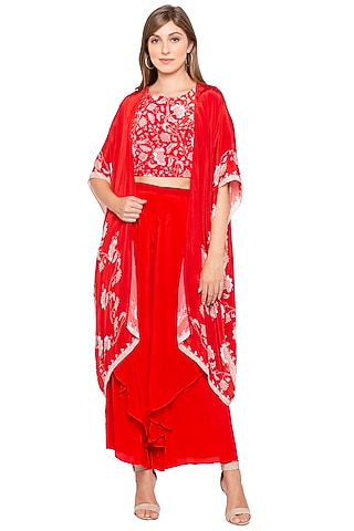 Red Printed Crop Top With Pants & Embroidered Cape by Soup by Sougat Paul