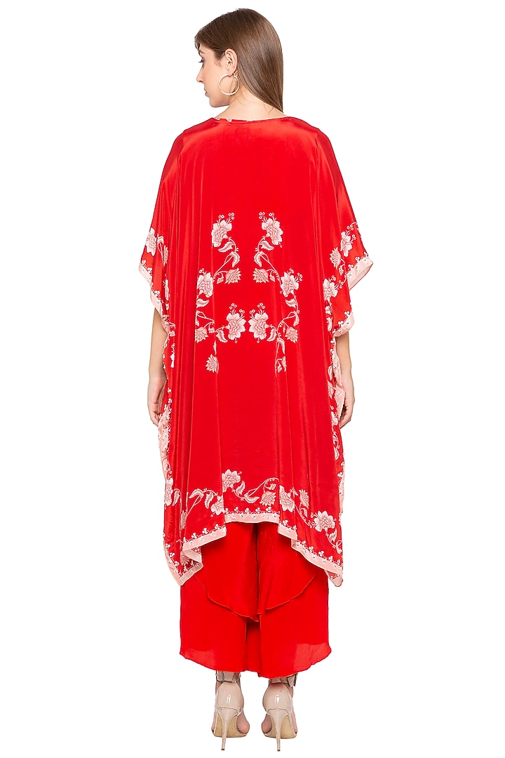 Red Printed Crop Top With Pants & Embroidered Cape by Soup by Sougat Paul at Pernia's Pop Up Shop