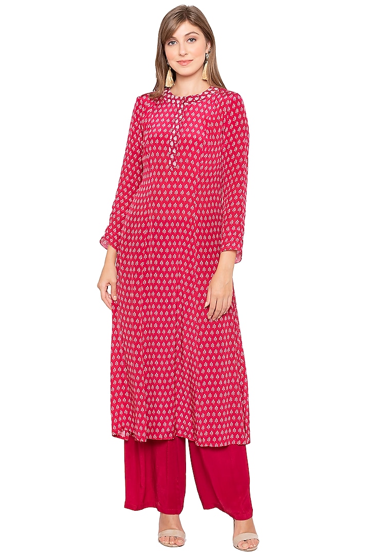 Magenta Printed & Embroidered Kurta With Palazzo Pants by Soup by Sougat Paul
