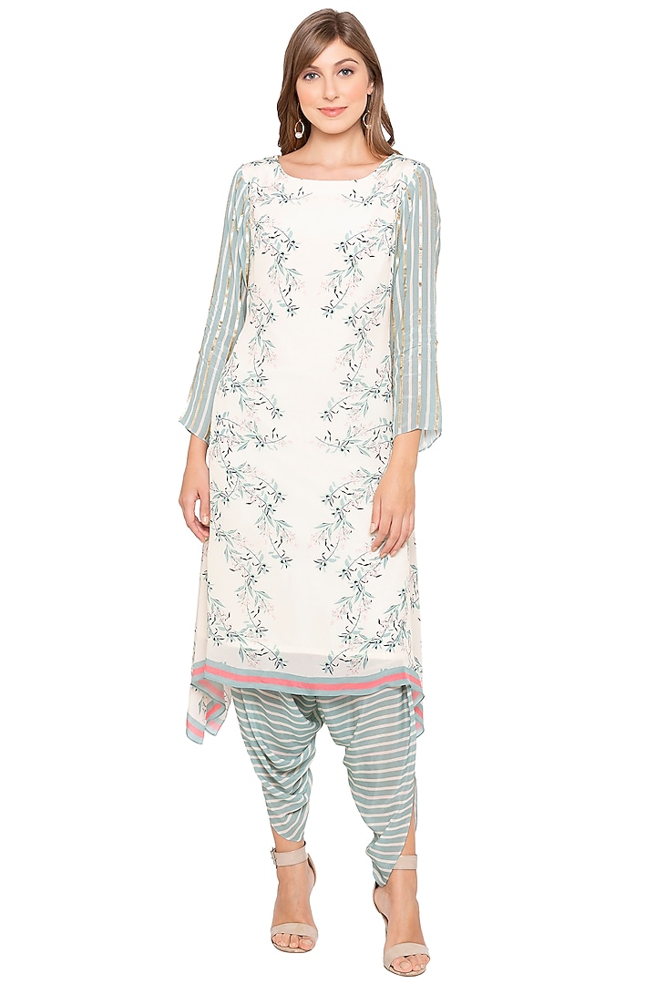 Off White & Teal Green Printed Embroidered Kurta With Dhoti Pants by Soup by Sougat Paul