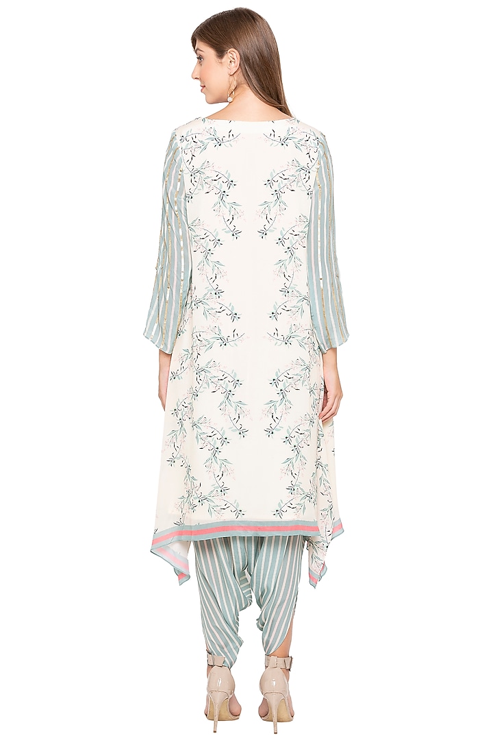 Off White & Teal Green Printed Embroidered Kurta With Dhoti Pants by Soup by Sougat Paul at Pernia's Pop Up Shop