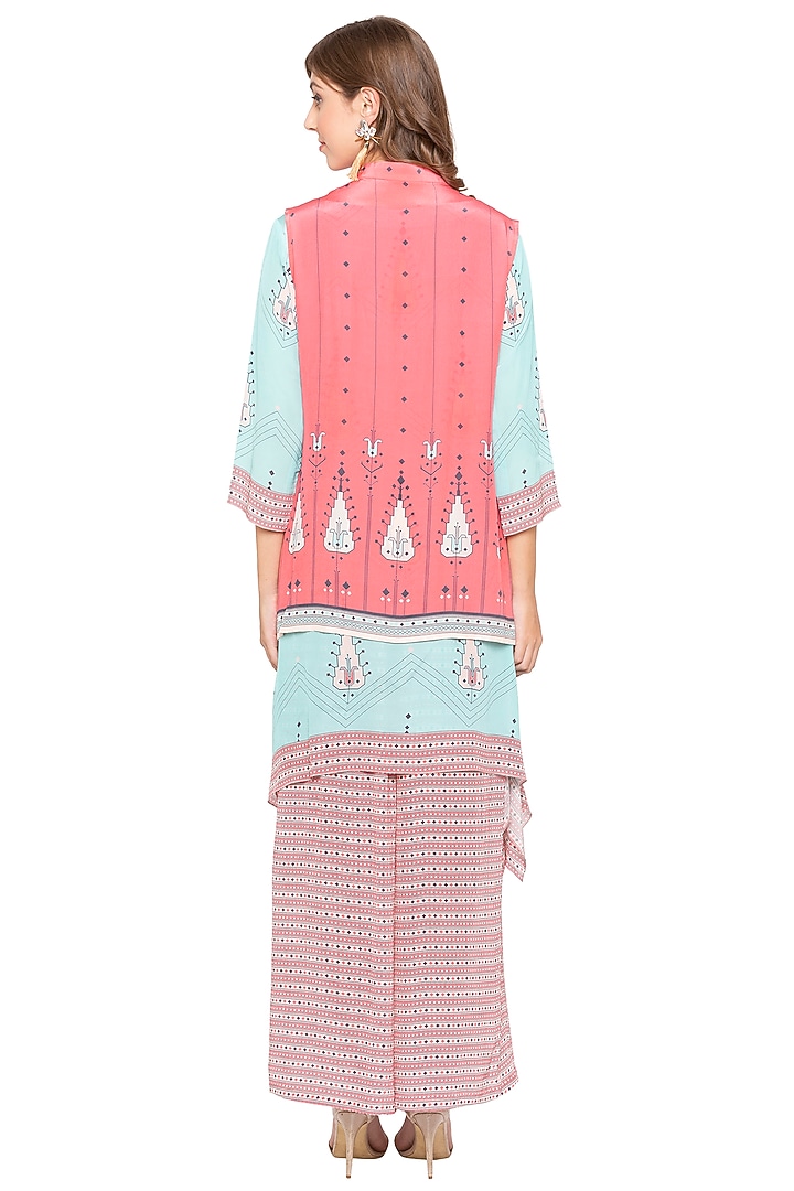 Blue Printed Kurta With Pink Jacket & Palazzo Pants by Soup by Sougat Paul at Pernia's Pop Up Shop