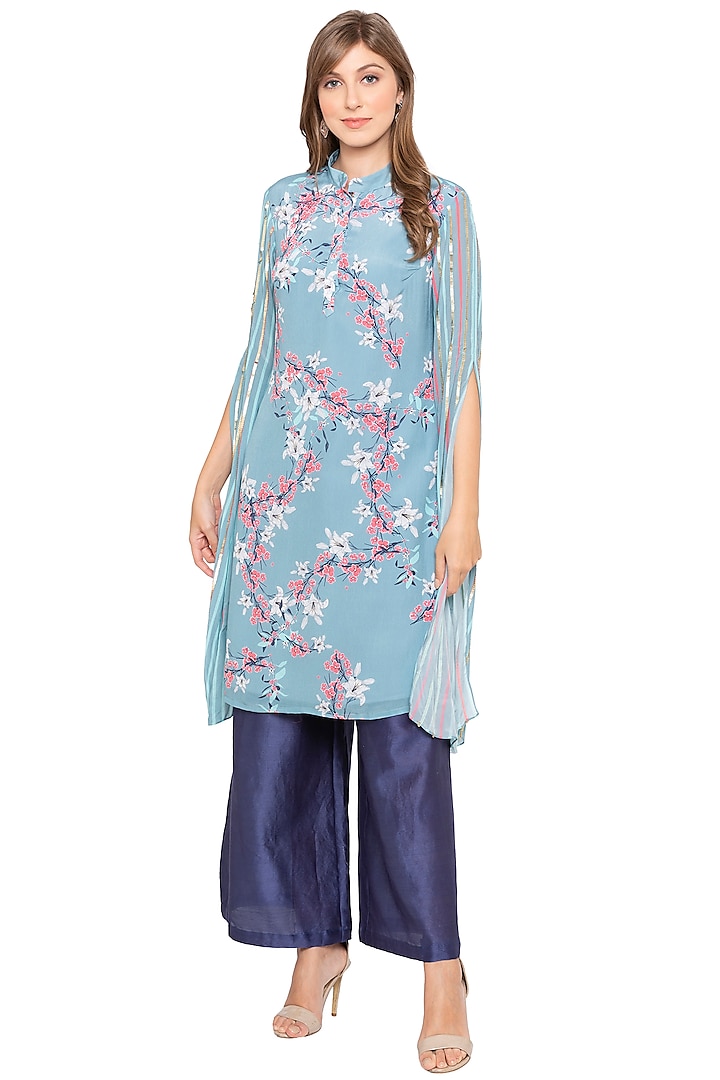 Blue Printed & Embroidered Kurta With Palazzo Pants by Soup by Sougat Paul