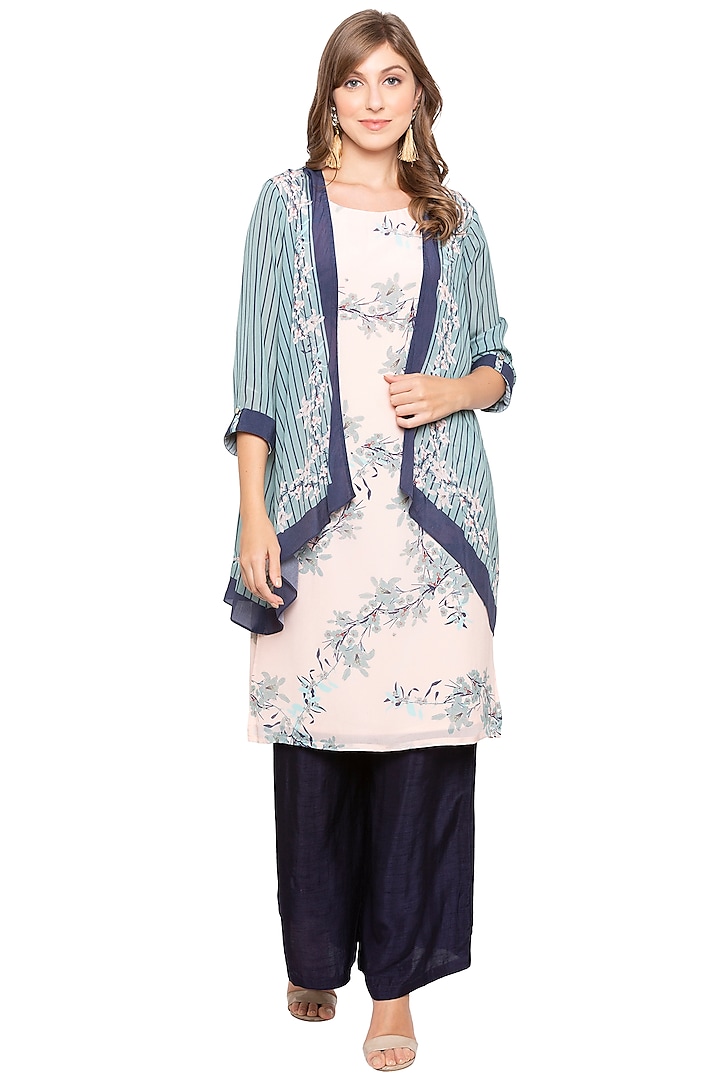 Pink Printed Kurta With Blue Palazzo Pants & Teal Green Jacket by Soup by Sougat Paul