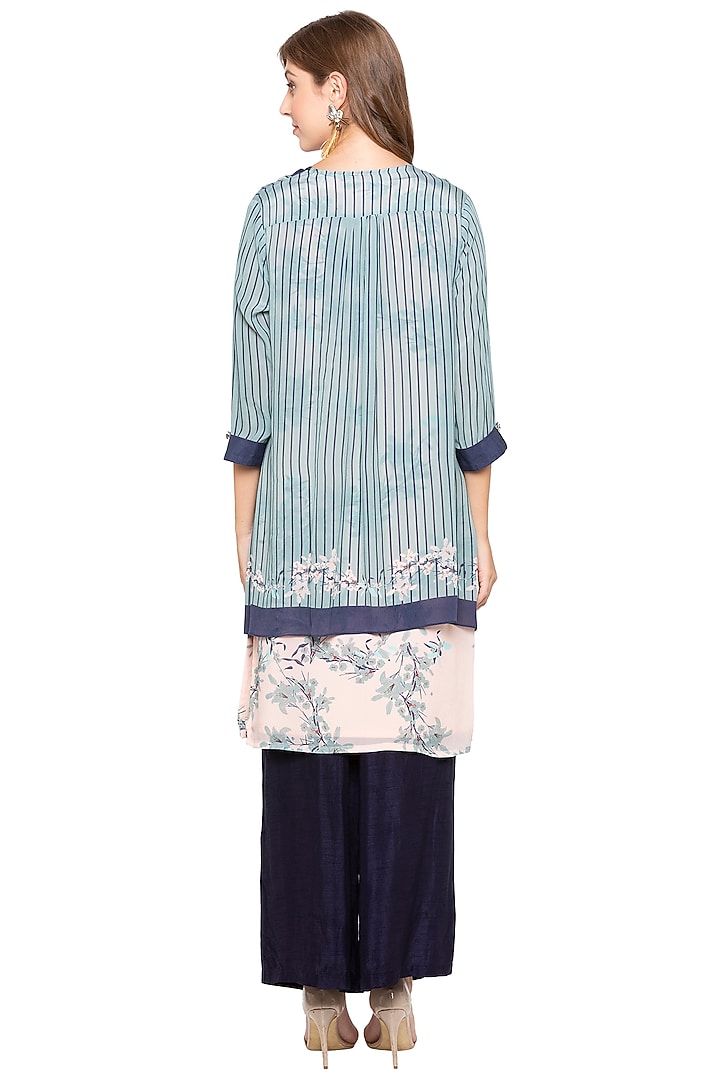 Pink Printed Kurta With Blue Palazzo Pants & Teal Green Jacket by Soup by Sougat Paul at Pernia's Pop Up Shop