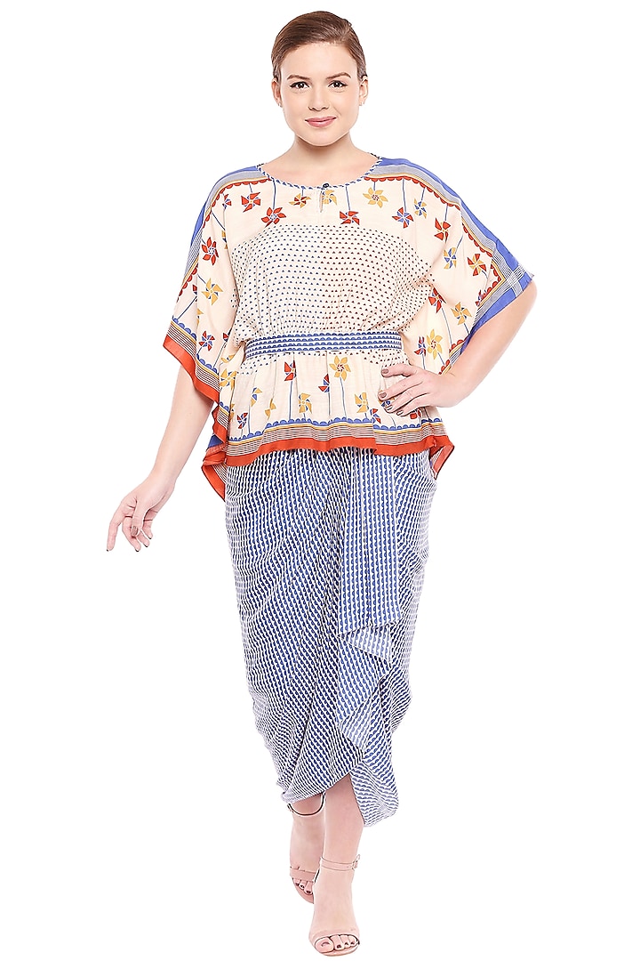 Off White & Blue Kaftan Top With Draped Skirt & Belt by Soup by Sougat Paul