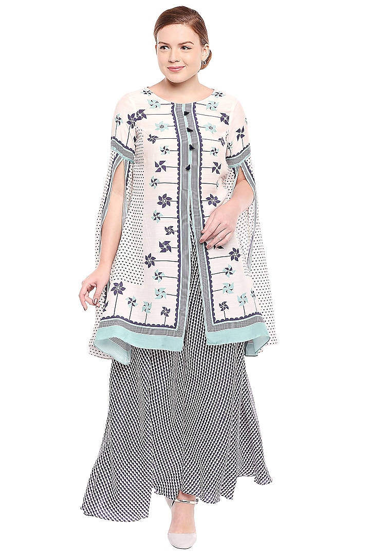 Off White & Navy Blue Printed Kurti With Flared Palazzo Pants by Soup by Sougat Paul