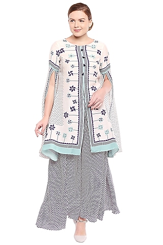 Off White & Navy Blue Printed Kurti With Flared Palazzo Pants by Soup by Sougat Paul