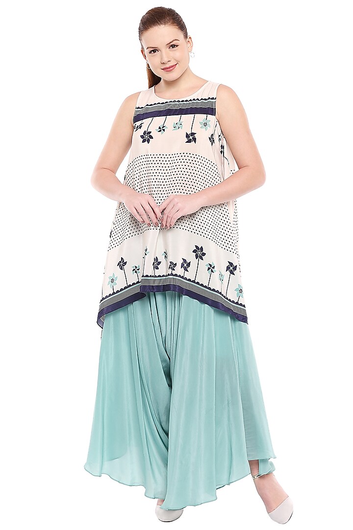 Off White Printed Top With Teal Blue Palazzo Pants by Soup by Sougat Paul