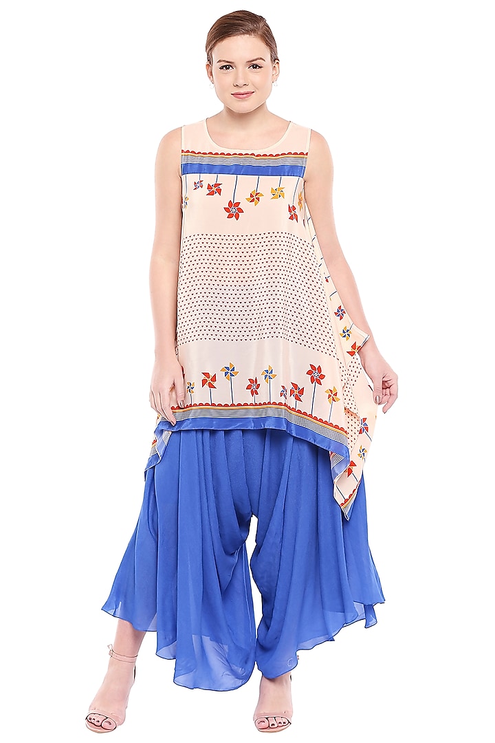 Off White Printed Top With Cobalt Blue Palazzo Pants by Soup by Sougat Paul