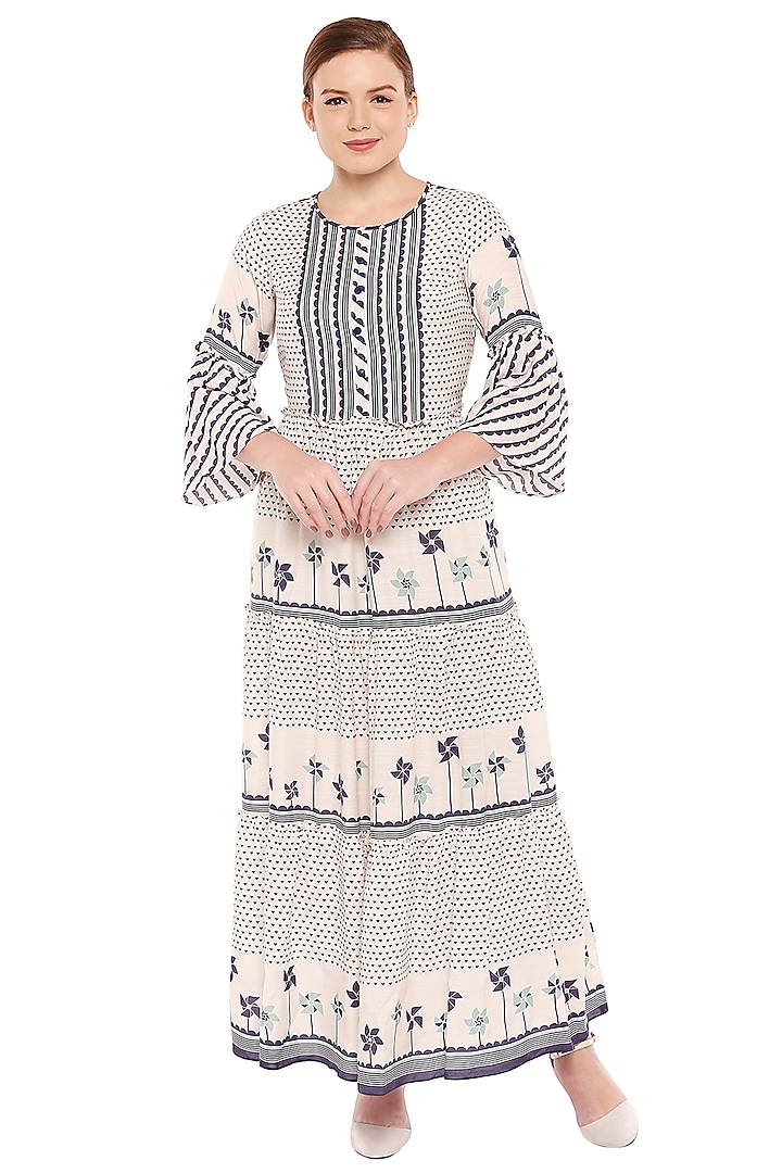 Navy Blue & Off White Printed Maxi Summer Dress by Soup by Sougat Paul at Pernia's Pop Up Shop