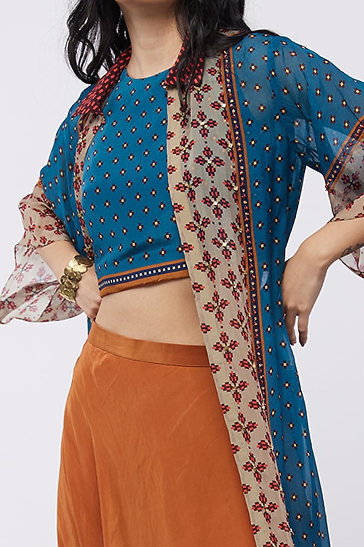 Blue Printed Jacket Set by Soup by Sougat Paul at Pernia's Pop Up Shop