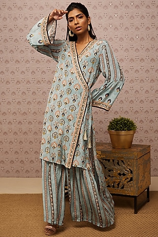 Blue Embroidered Angrakha Kurta Set by Soup by Sougat Paul