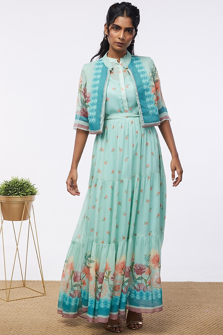 Mint Blue Printed Dress by Soup by Sougat Paul