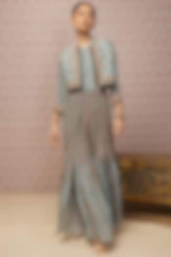 Blue Printed Jumpsuit With Jacket by Soup by Sougat Paul at Pernia's Pop Up Shop
