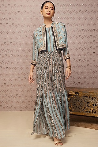 Blue Printed Jumpsuit With Jacket by Soup by Sougat Paul