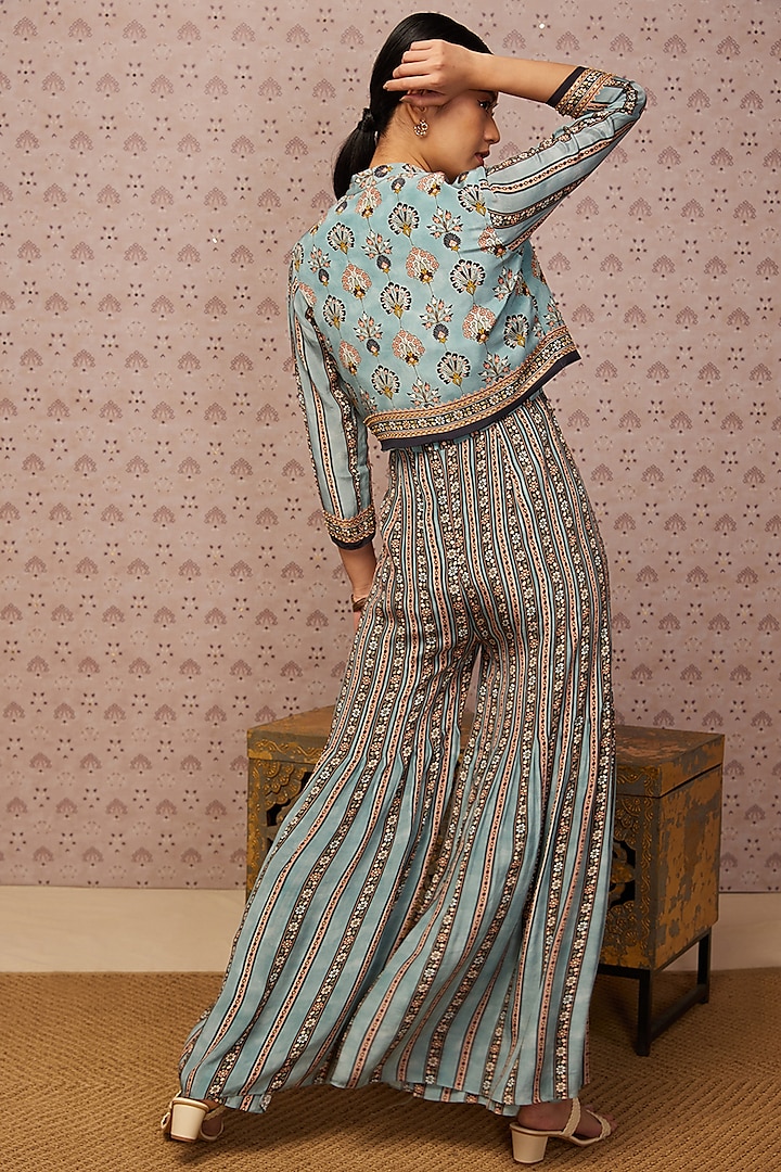 Blue Printed Jumpsuit With Jacket by Soup by Sougat Paul at Pernia's Pop Up Shop