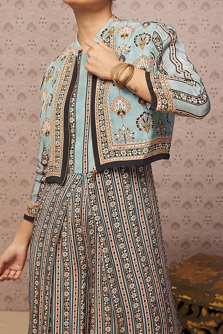 Blue Printed Jumpsuit With Jacket by Soup by Sougat Paul at Pernia's Pop Up Shop