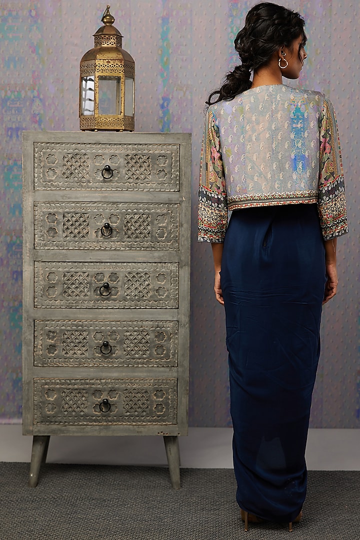 Navy Blue Silk Draped Vacation Dress With Jacket by Soup by Sougat Paul at Pernia's Pop Up Shop