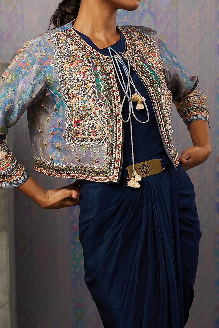 Navy Blue Silk Draped Vacation Dress With Jacket by Soup by Sougat Paul at Pernia's Pop Up Shop