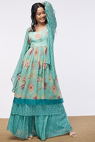 Mint Blue Shimmer Sharara Set by Soup by Sougat Paul