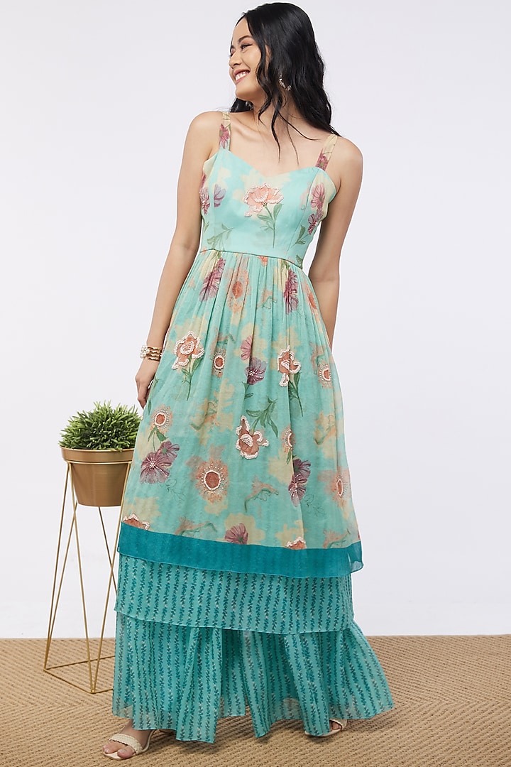 Mint Blue Shimmer Party Wear Sharara Set by Soup by Sougat Paul at Pernia's Pop Up Shop